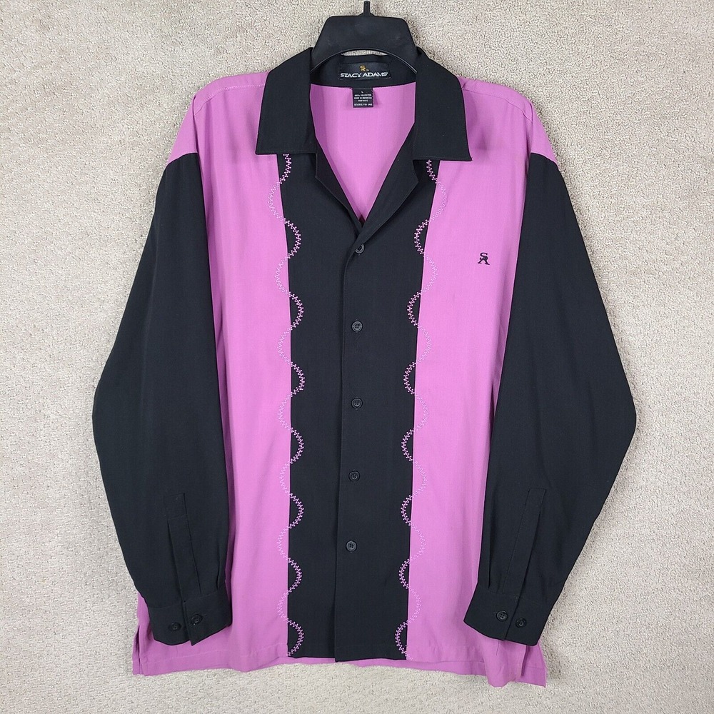 Stacy Adams Shirt Mens Large Purple Black Button Up Casual Polyester Colorblock